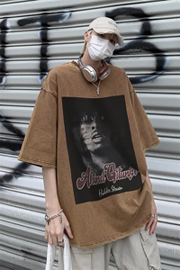 B239-1083-P38 美式做旧个性人像 宽松落肩袖青少年宽松短袖T恤男图片