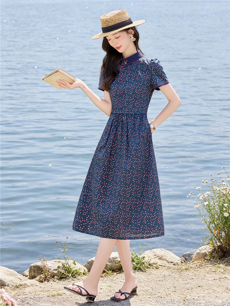 田园风斜领碎花刺绣连衣裙女春夏收腰显瘦中长裙（细节图颜色为）,女装连衣裙,水衣源