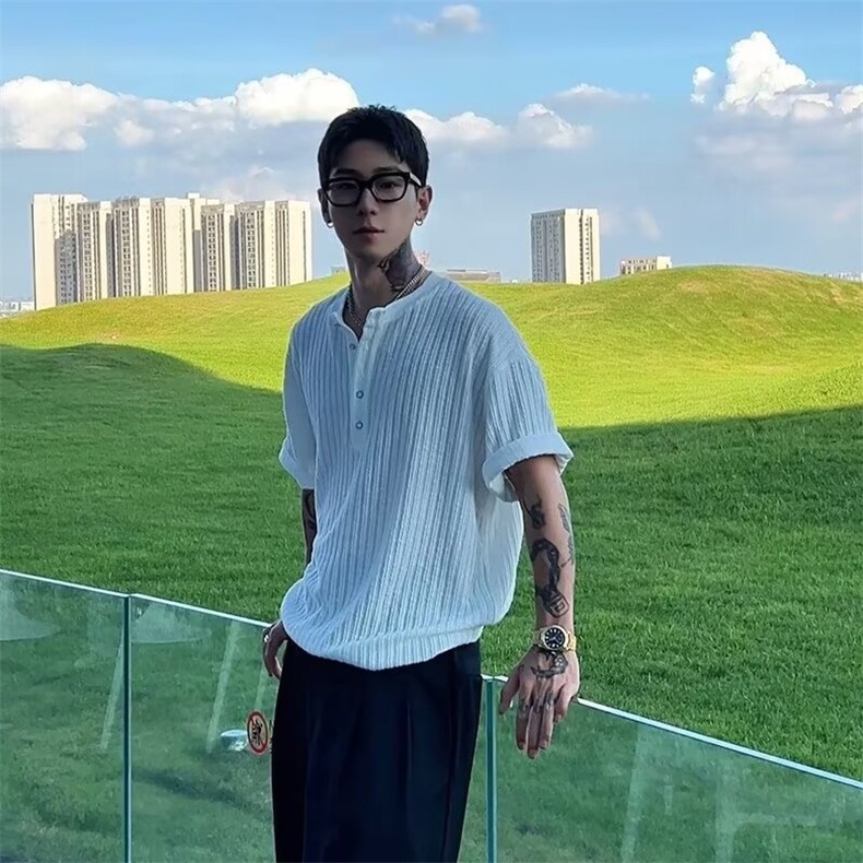 复古亨利领坑条针织短袖男女宽松休闲肌理感美式T恤上衣潮流慵懒,男装T恤,星座302B