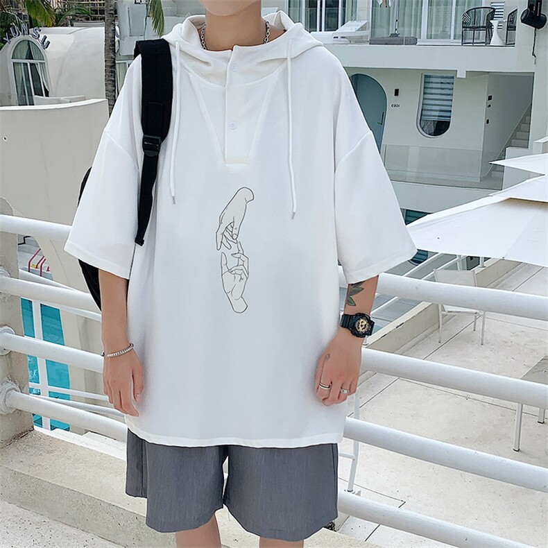 LD54147-P45连帽短袖t恤男大码胖子带帽五分袖中袖,男装T恤,电商A040