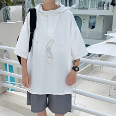 LD54147-P45连帽短袖t恤男大码胖子带帽五分袖中袖，男装T恤，电商A040