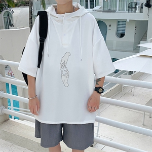 LD54147-P45 连帽短袖t恤男大码胖子带帽五分袖中袖图片
