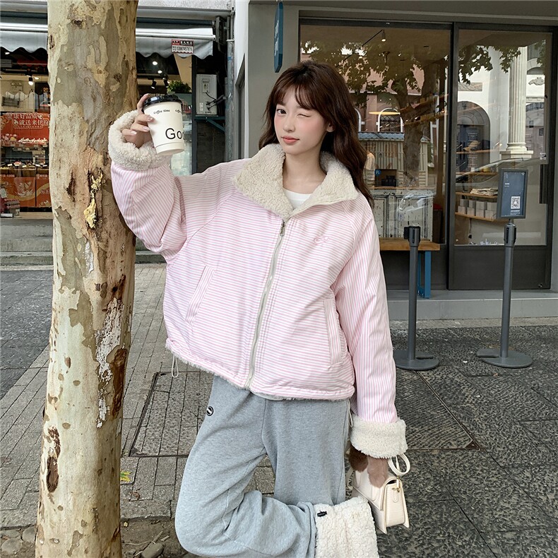 A576-P118两面穿羊羔绒棉服美式复古条纹宽松加厚外套,男装棉衣,星座911