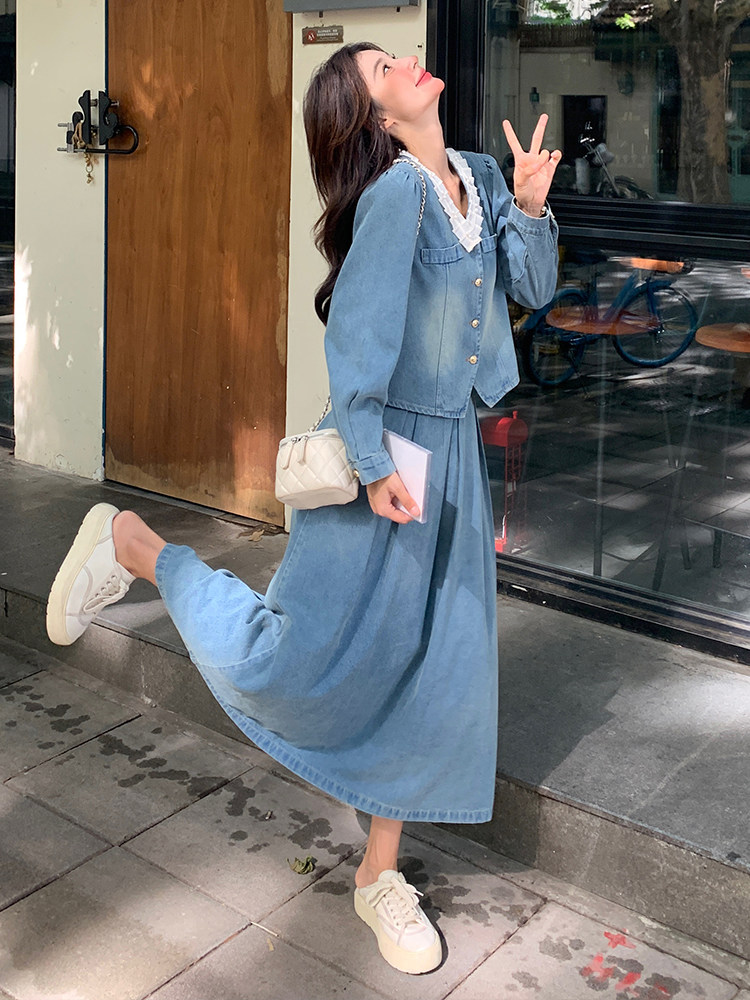 法式蕾丝花边拼接牛仔套装裙女2025春季新款气质温柔风百搭两件套,女装套装/套裙,浙宝305