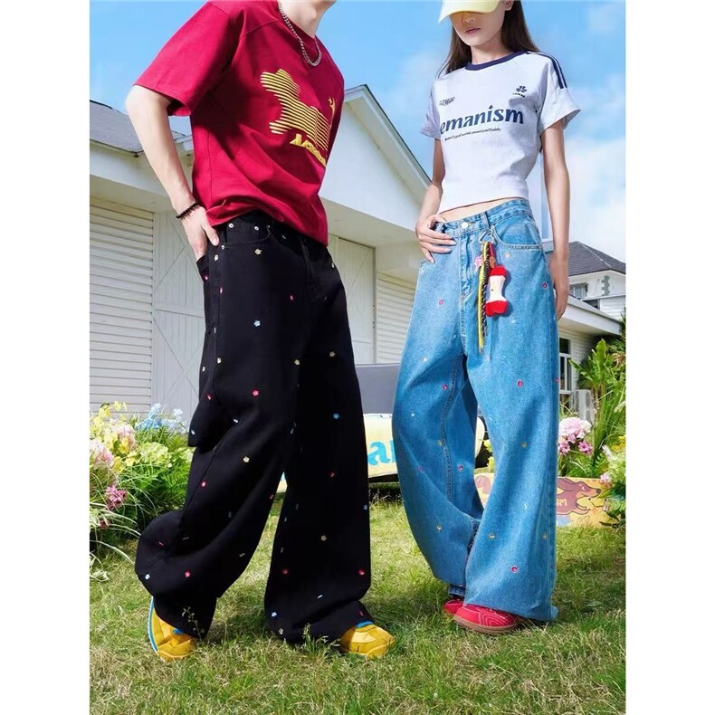 美式潮流满印花朵宽松牛仔裤男女夏季新款复古风宽松休闲阔腿裤子,男装牛仔裤,星座1210-1