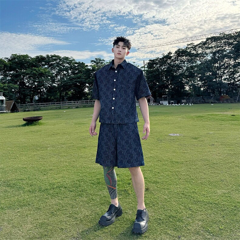 2025夏季韩系轻奢蓝色垫肩做旧牛仔男士提花短袖套装TZ01/P175,男装休闲套装,星座305B