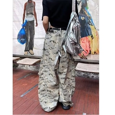 复古沙漠迷彩多口袋弯刀工装裤廓形阔腿伞兵牛仔裤K8310-P56网图，女装牛仔裤，电商B245