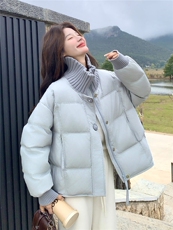 超好看蓝色针织拼接立领短款羽绒服女2025冬韩系甜美90白鸭绒外套，女装羽绒服，慧尚依恋