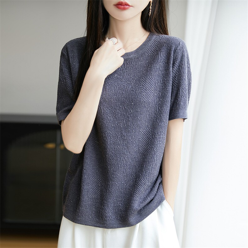 夏季圆领莱赛尔天丝五分袖针织上衣女肌理感提花短袖宽松打底T恤,女装T恤,暖烁特种纱工厂店
