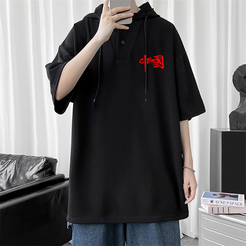 LD54276-P45连帽短袖t恤男大码胖子带帽五分袖中袖,男装T恤,电商A040