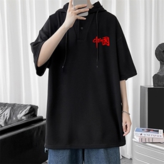 LD54276-P45连帽短袖t恤男大码胖子带帽五分袖中袖，男装T恤，电商A040