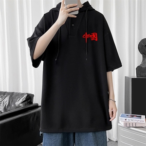 LD54276-P45 连帽短袖t恤男大码胖子带帽五分袖中袖图片