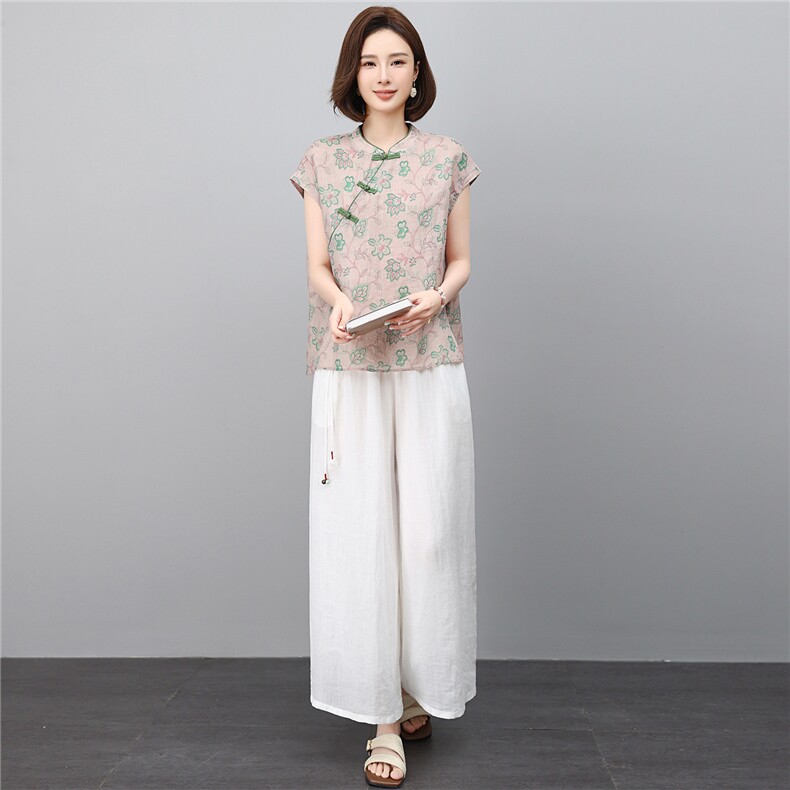 时尚夏季薄款2026新款苎麻大方得体低圆领刺绣优雅范上衣,女装套装/套裙,江忆布依