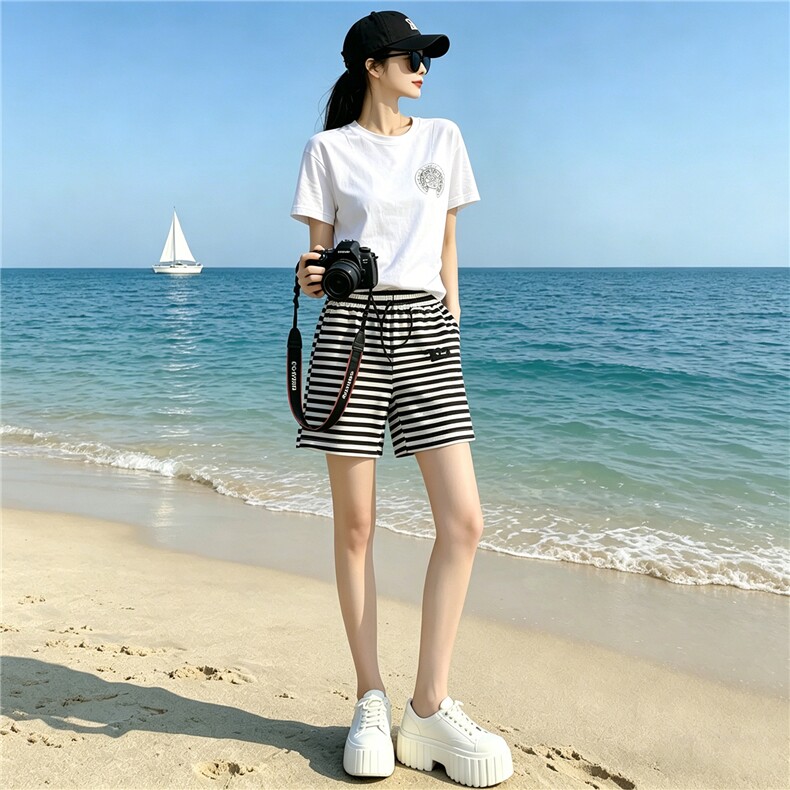 韩版休闲运动套装女夏季新款气质显瘦圆领短袖上衣条纹短裤两件套,女装套装/套裙,江南