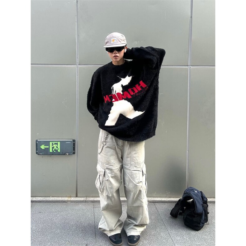 水貂毛针织衫男秋冬人像字母小众设计感宽松慵懒风毛衣,男装针织衫/毛衣,星座410-7