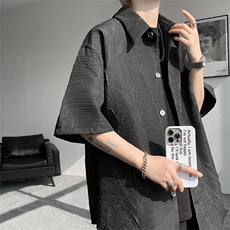 高品质潮流短袖衬衫小众解构肌理感黑色裂纹韩版花衬衫打底T恤P50，男装T恤，电商B319