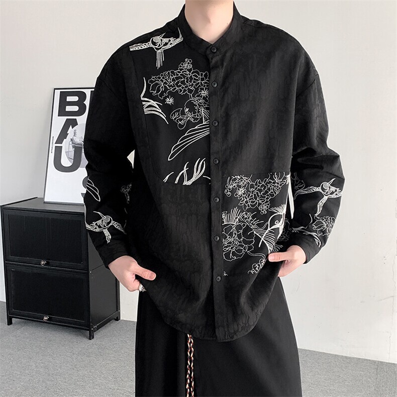 春装新中式立领刺绣衬衫男女加肥加大码宽松拼接宽松衬衣外套,男装衬衫,星座909