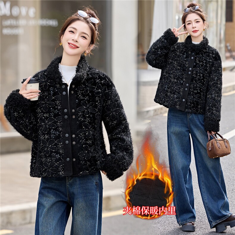 时尚重工刺绣真兔毛外套2025冬季新品高端高级感设计暖绒绒外套女，女装羊羔毛/颗粒绒，意芙