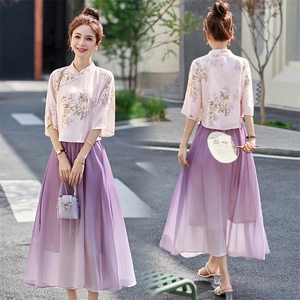 紫色新中式国风套装裙女2025夏季改良汉服日常可穿禅意茶服两件套图片