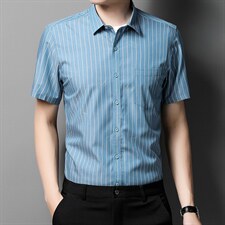 夏季男士短袖衬衫2024新款无痕免烫高档商务休闲翻领纯色衬衣P70，男装衬衫，钱塘6003A(原)4033A