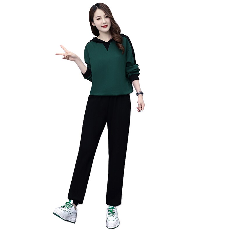 休闲运动卫衣套装女2023春秋新款洋气拼色翻领卫衣束脚长裤两件套,女装套装/套裙,凝聚力