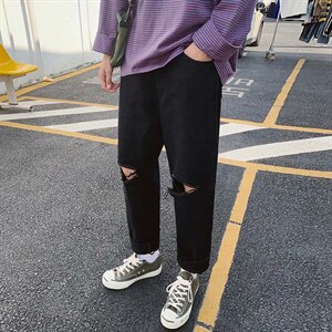 夏季港风破洞牛仔裤男宽松直筒潮牌百搭坠感阔腿九分裤子1730-p35，男装牛仔裤，星座1008-1
