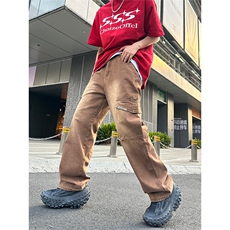 美式高街vibe风直筒长裤欧美痞帅男hiphop复古水洗拼接工装牛仔裤，男装牛仔裤，星座301D-4(原星座1004-4）