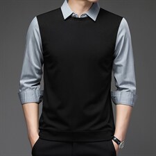男装针假两件衬衫男士2023春季翻领条纹袖中年休闲打底衫织图片