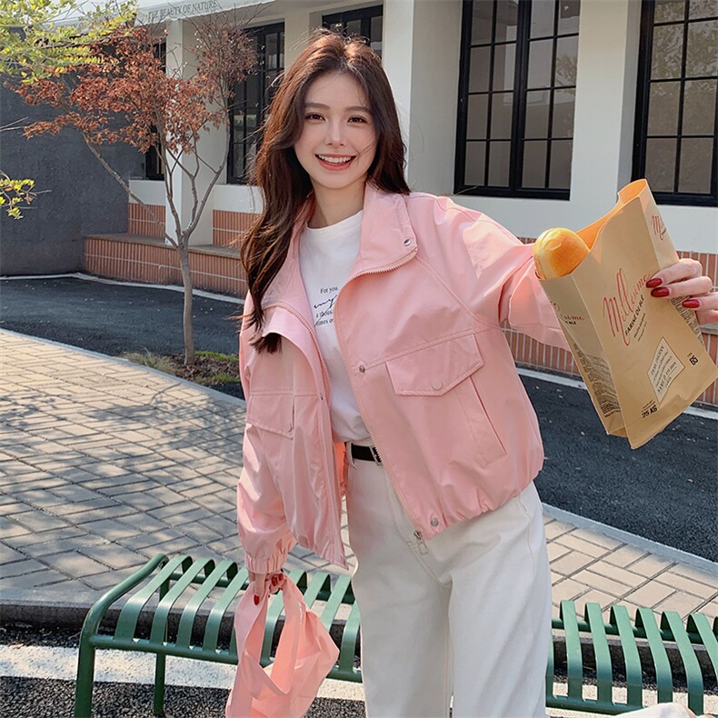 粉色外套女配包包落肩袖宽松休闲气质短夹克长袖2025年春季新款女，女装短外套，韩蔻秀