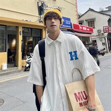 1港风情侣贴布绣衬衫大码M-5XL网红潮短袖衬衫DSC7767特P35控58，男装T恤，星座226-2