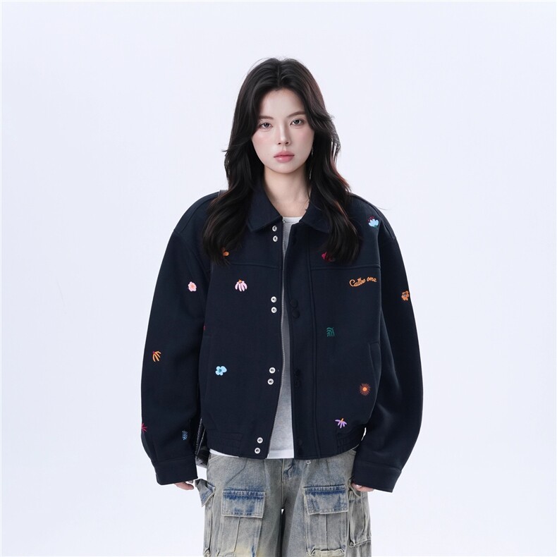 F225-P67美式复古小刺绣黑色夹克女cleanfit设计感宽松外套,男装夹克,电商B323A