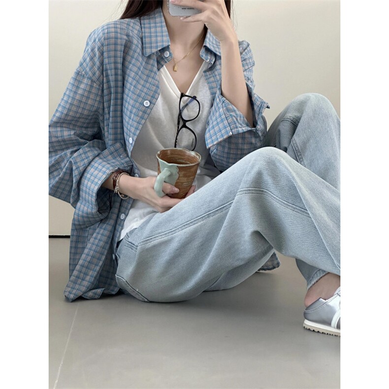 【有货】蓝色格子衬衫男女款美式宽松慵懒风外套B254CC-P45,男装衬衫,星座1007（原301D）