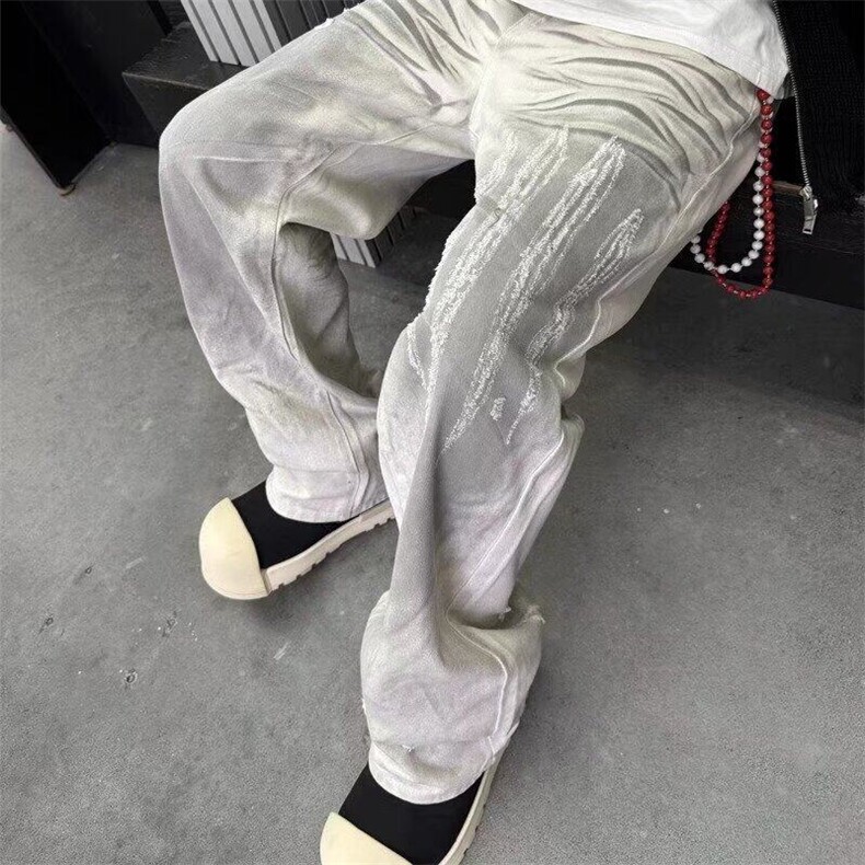 美式重工复古白色龙爪做脏水洗牛仔裤男女宽松破坏设计直筒裤,男装牛仔裤,星座506A
