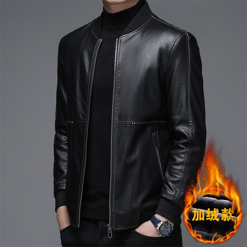 中年男士时尚潮流百搭新款2023秋季休闲男装加绒纯色皮衣外套，男装皮衣，电商B212（原钱塘6029）