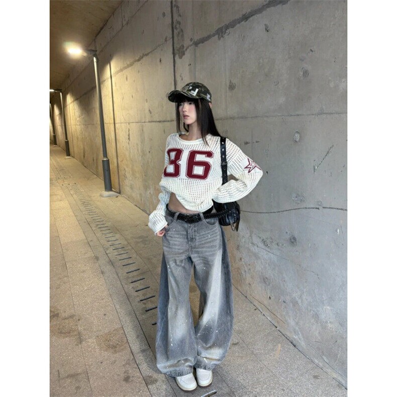 N7622LL-特P50 涂鸦阔腿牛仔裤宽松直筒美式复古vintage裤子图片