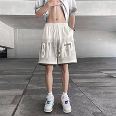 夏季美式字母假两件短裤男生潮牌潮流中裤宽松百搭运动五分裤，男装牛仔裤，星座716-3