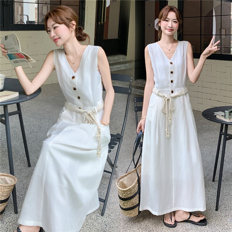 韩系简约白色无袖连衣裙2025夏季新款超好看高级感气质显瘦长裙女,女装连衣裙,尚娜萱