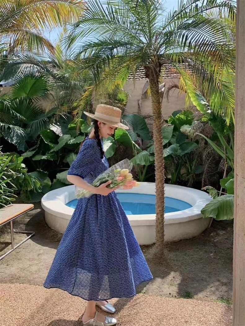 盐缩格子连衣裙，女装连衣裙，欧妮卡蒂蔓