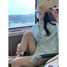 绿色长袖条纹衬衫女春夏2025年新款开衫防晒衬衣外套宽松bf上衣服，男装防晒衣，星座1210-1