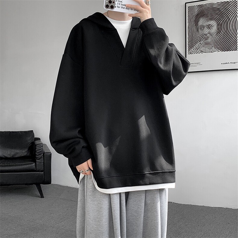 8XL-M叠穿假两件卫衣重磅连帽V领拼接套头衫宽松大码外套WY006P65图片