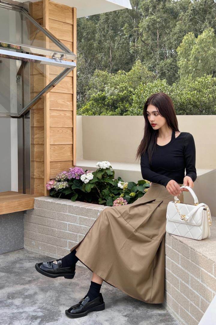 赫本风压绉前面开叉半裙，女装半身裙，昕叶良品