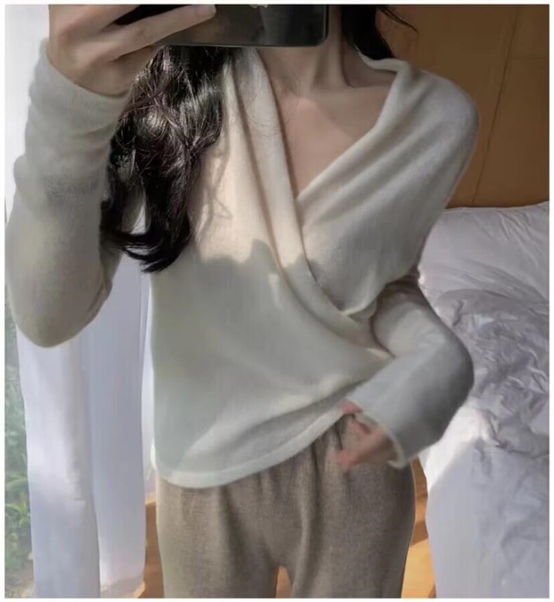 休闲/淑女2024年秋季简约精致百搭纯色V领套头羊毛衫,女装羊毛衫,戎咖羊绒
