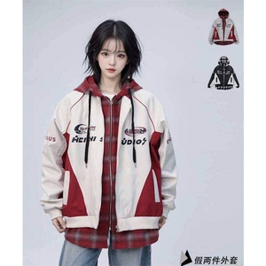 春季新款港风美式潮牌假两件字母印花连帽夹克 XZ213-JK6666-P80图片