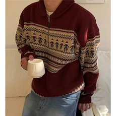 高质量条纹半拉翻领毛衣情侣宽松加厚保暖红色耶诞针织衫SW5005，男装针织衫/毛衣，星座516A