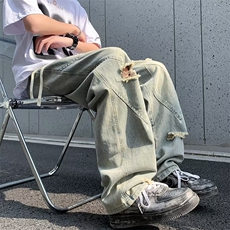 美潮高街炸街黄泥染水洗牛仔裤男线条设计感潮牌修身直筒微喇裤子，男装牛仔裤，星座1013