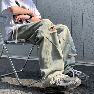 美潮高街炸街黄泥染水洗牛仔裤男线条设计感潮牌修身直筒微喇裤子图片