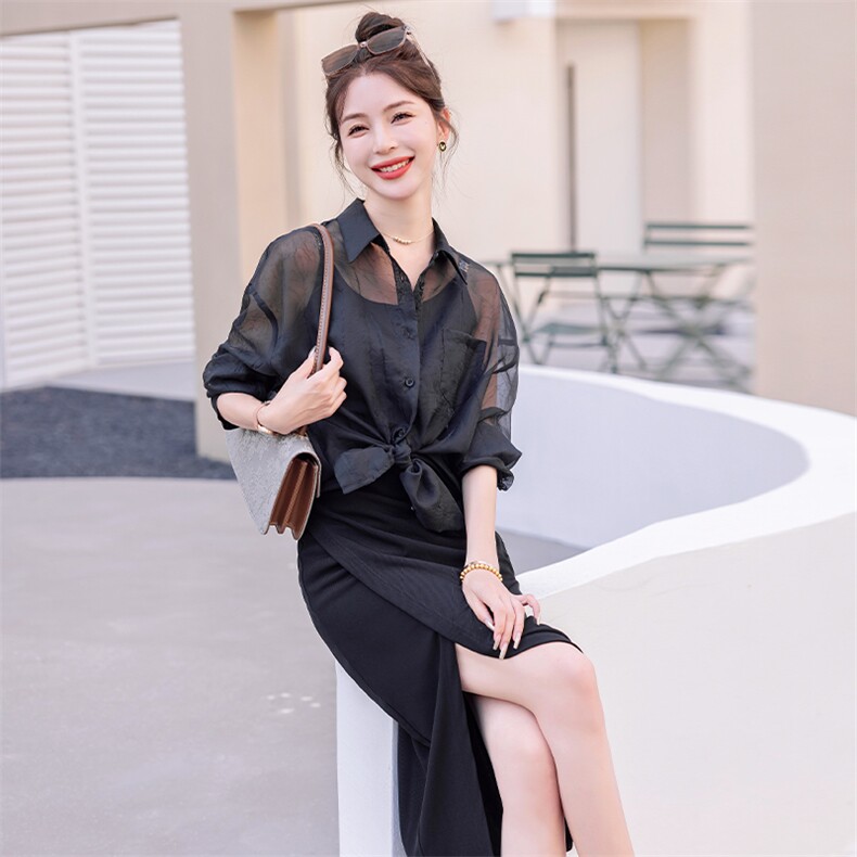 欧货开叉吊带连衣裙女2025年夏季新款高级感气质减龄防晒衬衫套装,女装套装/套裙,意芙
