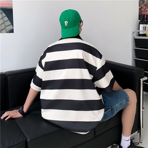 条纹短袖t恤男夏潮牌宽松polo衫潮流港风翻领上衣服PL07826-P33图片