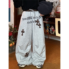 【002】豹纹拼接褶皱弯刀卫裤女字母宽松阔腿裤子A079-K5380-P52，男装休闲裤，电商A079