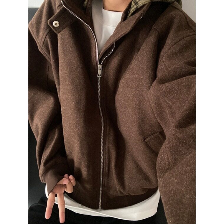 【有货】D8896-P105美式复古格子毛呢连帽外套男秋冬款假两件棉服,男装棉衣,星座603-2